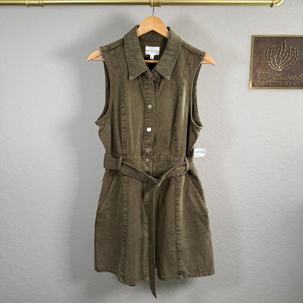 Avec Les Filles Denim Romper Olive Green Sleeveless Belted Utility Snap‎ Front L - Picture 3 of 10